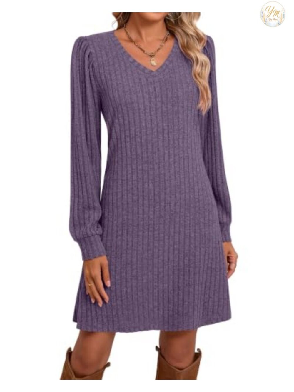 Ficerd Womens Sweater Dress V Neck Long Sleeve Above Knee Casual Fall